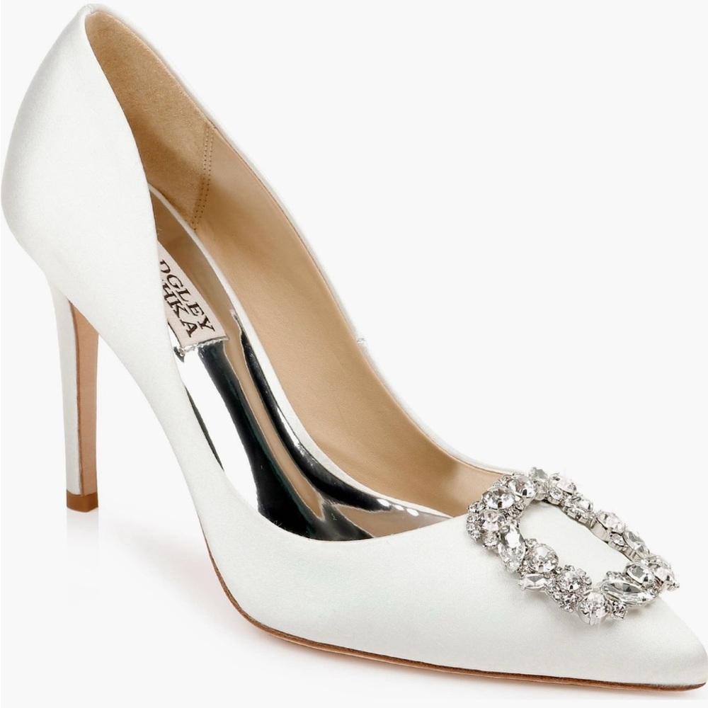 Badgley Mischka White Satin Pointed Crystal Buckle Stiletto Pump